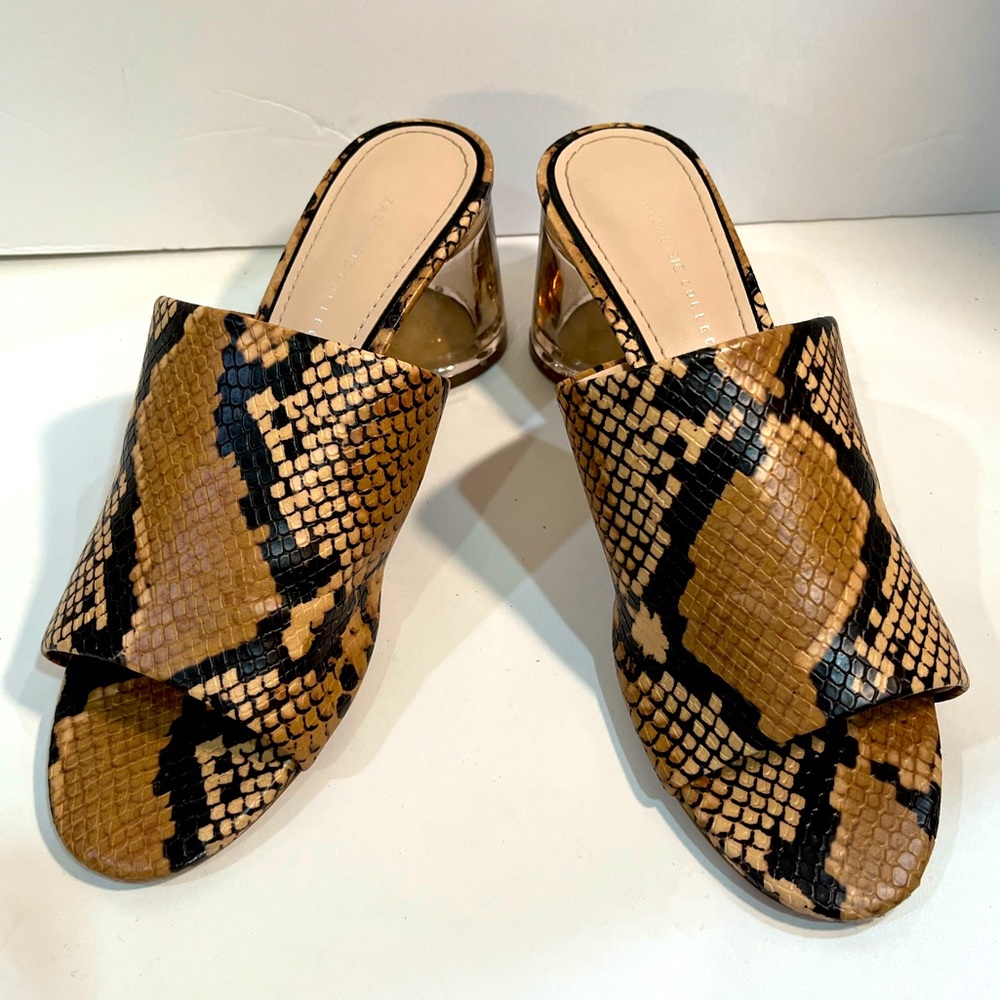Zara Basic Collection Heeled Mules in Tan and Black Faux Snakeskin